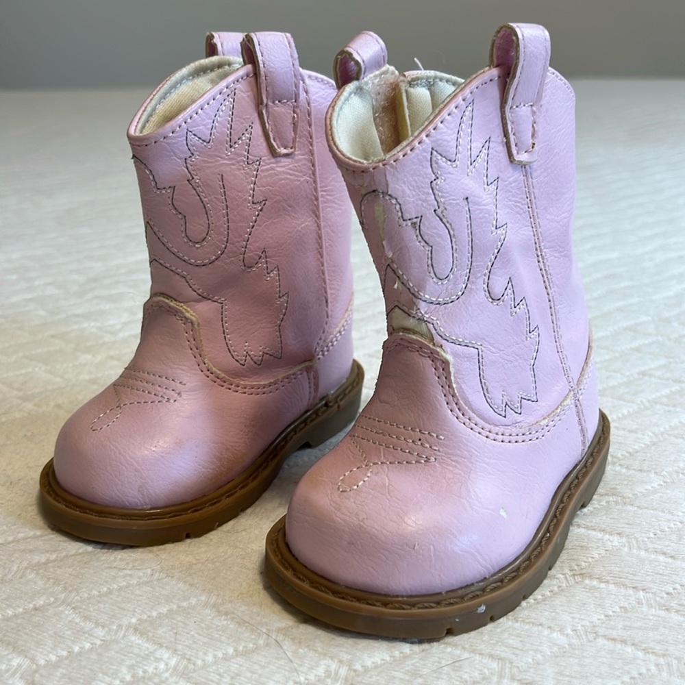 Trimfoot Co tiny cowgirl boots, faux leather, velcro close, pink & white